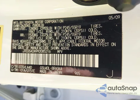 2009 Toyota Highlander Limited from USA, damaged, VIN JTEDS42A992085216